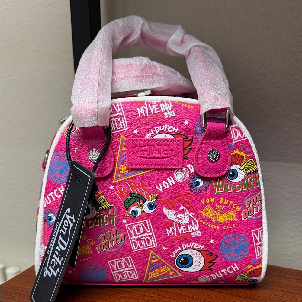 Von Dutch Pink and White Graphic Bag